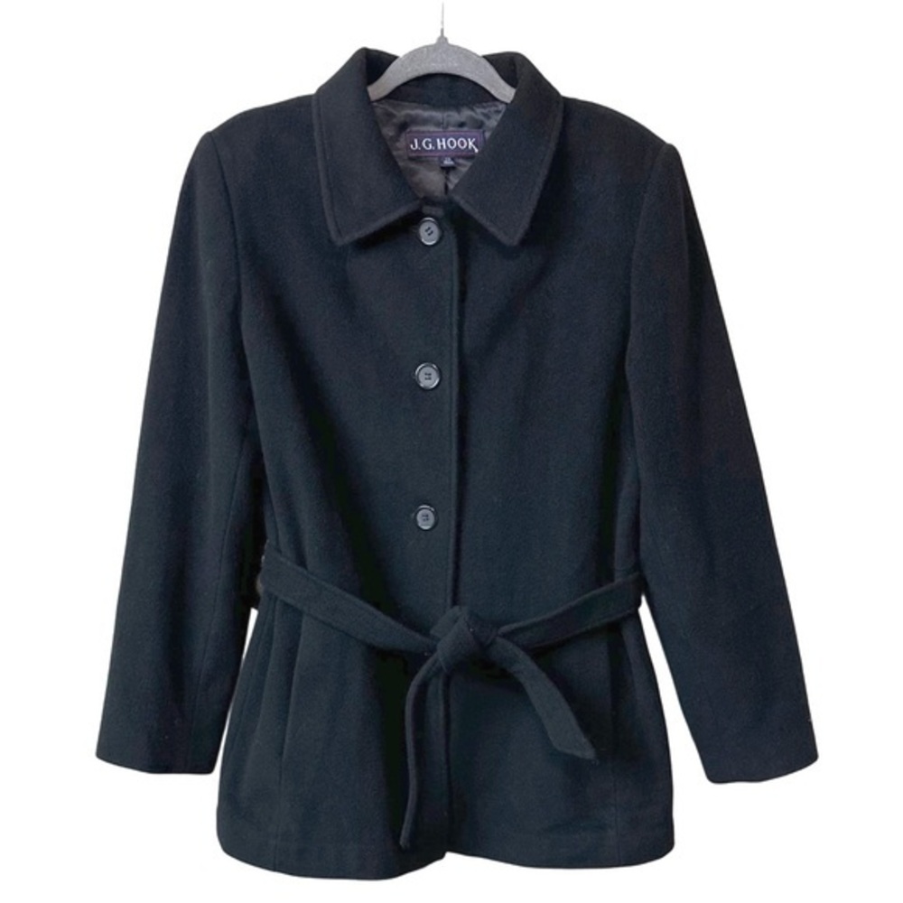 JG Hook Black Wool Cashmere Blend Classic Belted Pea Coat Sz‎ 10